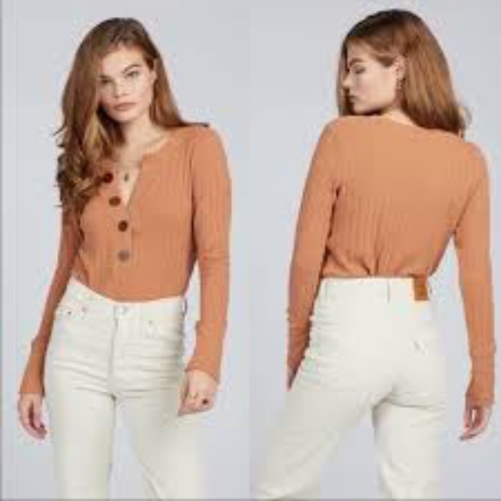 Free People Ribbed Henley Long Sleeve Top in Rust